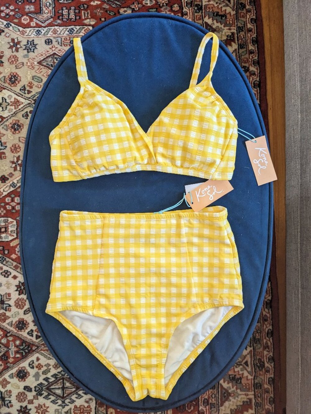 NEW WITH TAGS cute retro two piece yellow gingham bathing suit